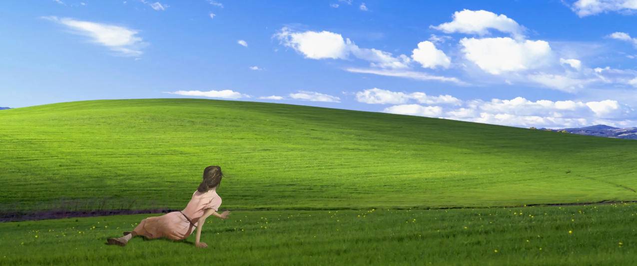 xp蓝天白云绿草地 女孩望向远方 3440x1440带鱼屏风景壁纸