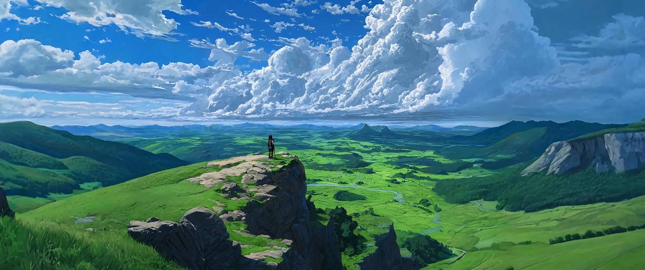 悬崖旷野 绿色田野 蓝天云海 动漫风景 3440x1440带鱼屏壁纸