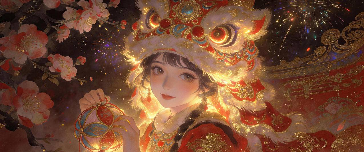 鎏金狮影映娇颜 女孩 烟花 3440x1440带鱼屏壁纸动漫