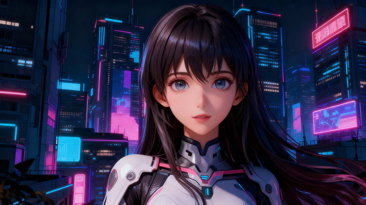 赛博朋克 长发女孩 城市夜景 4K壁纸 3840x2160