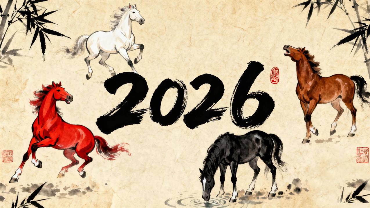 2026中国风 四匹马儿 水墨画 竹子 4k壁纸