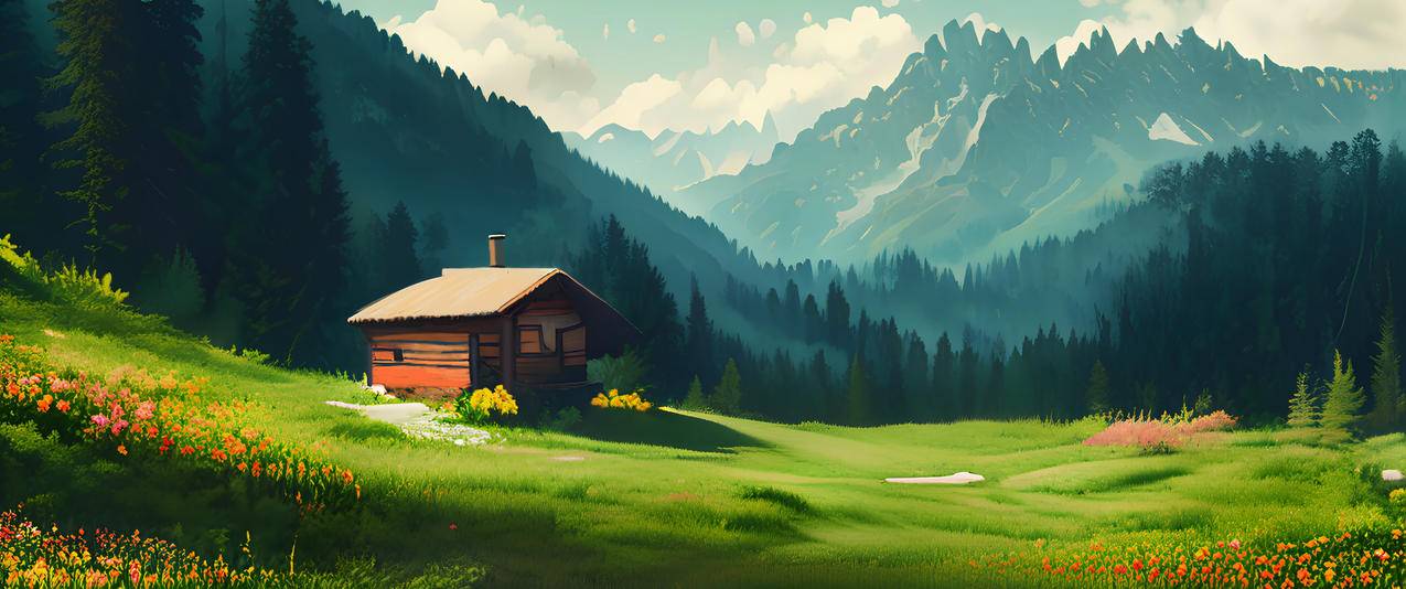  阿尔卑斯山风景 鲜花 小木屋 绿草地 森林3440x1440壁纸
