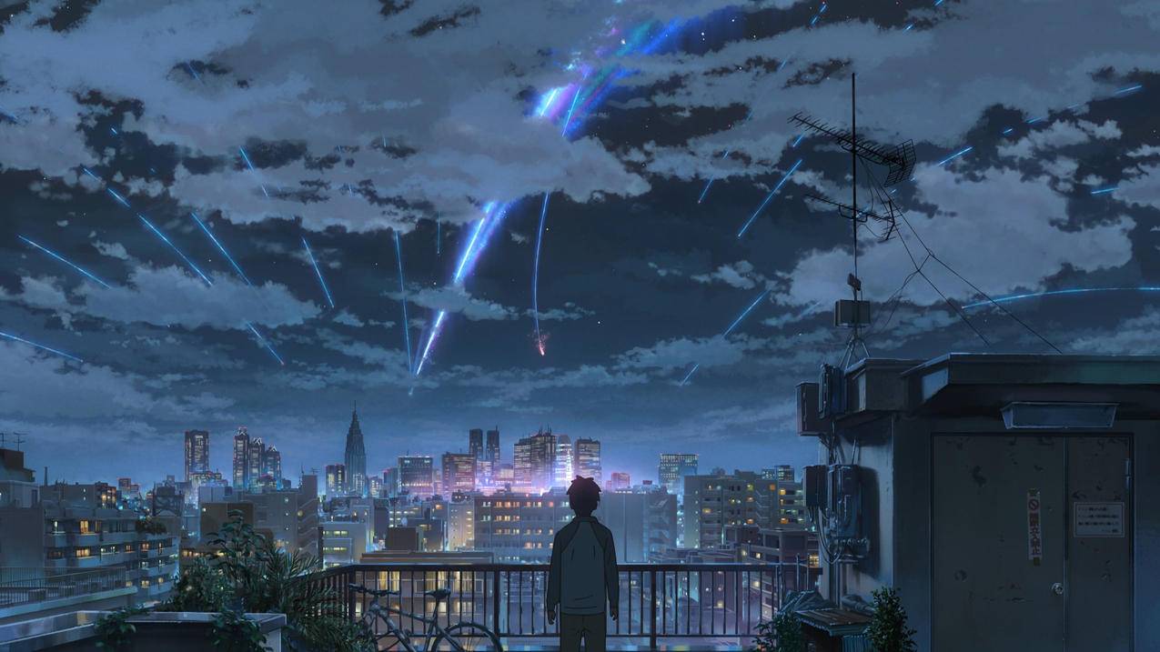 《你的名字》屋顶 天空 夜晚 城市 4K动漫壁纸