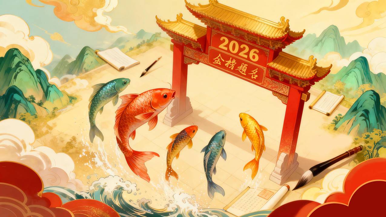 2026年 鲤鱼跃龙门 金榜题名 国风4k高清壁纸