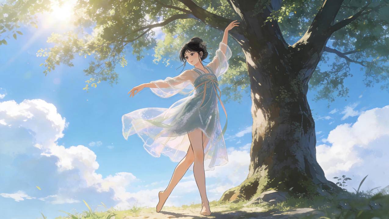 晴空 蓝天白云 树下 少女 舞蹈 4k壁纸