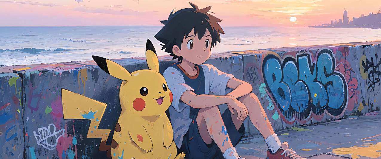 皮卡丘 小智 海边 涂鸦墙 3440x1440带鱼屏壁纸