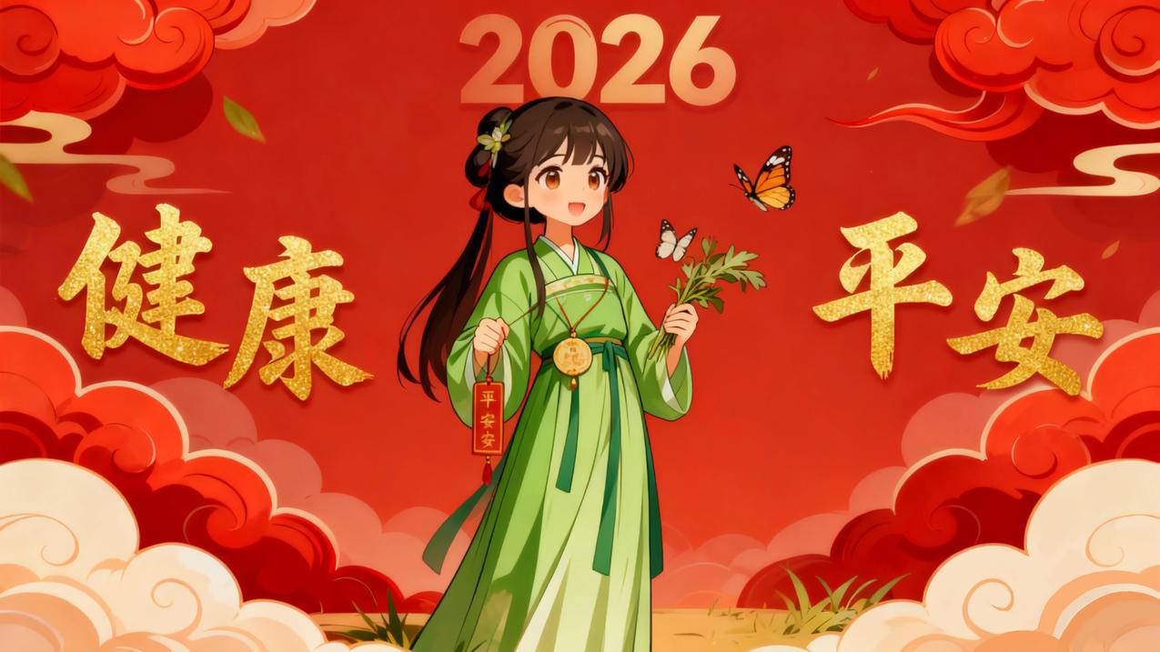 2026健康平安 小女孩 红色喜庆背景4k桌面壁纸