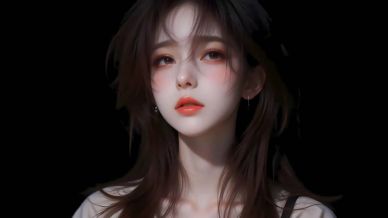 妆容少女 红唇长发 暗黑系 黑色背景 4K壁纸 3840x2160