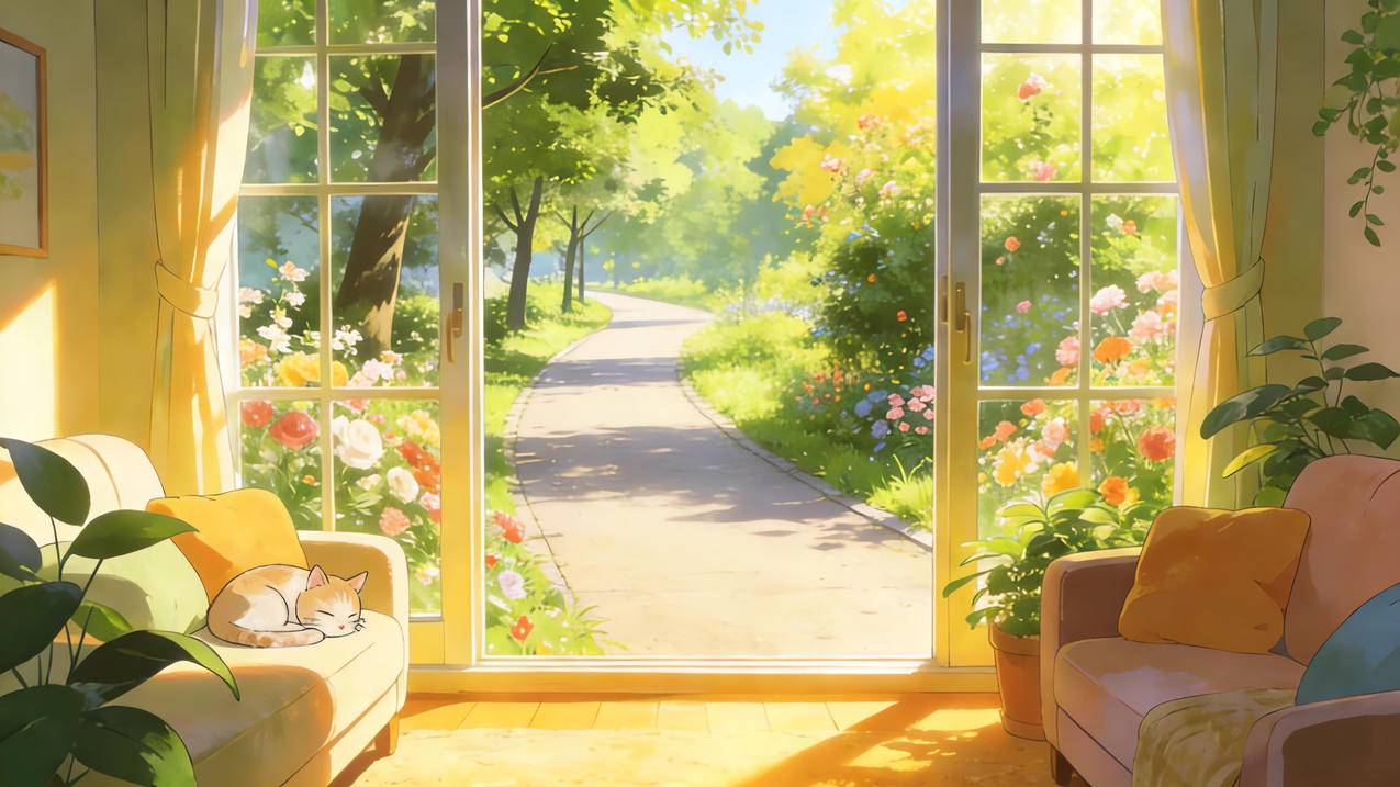 温馨的家 沙发 猫 花园小道 治愈系风景4K壁纸3840x2160