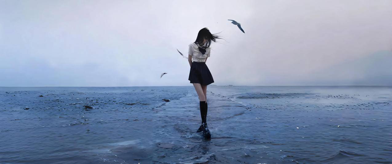 海边美女 唯美 海鸥 3440x1440带鱼屏壁纸