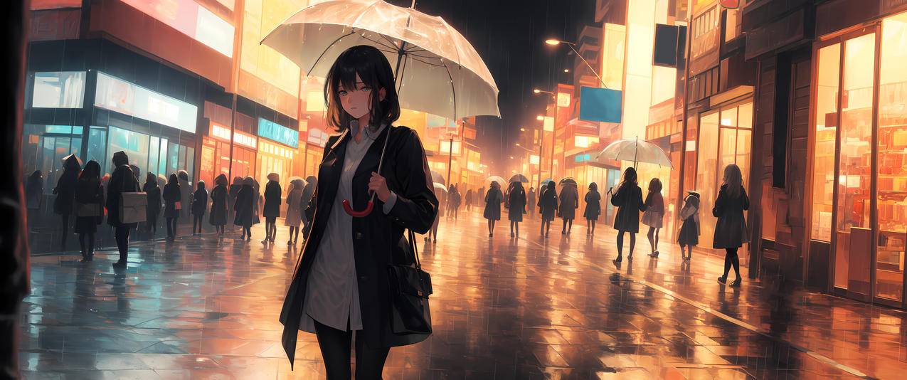 夜晚 雨天 步行街 动漫女孩3440x1440带鱼屏壁纸