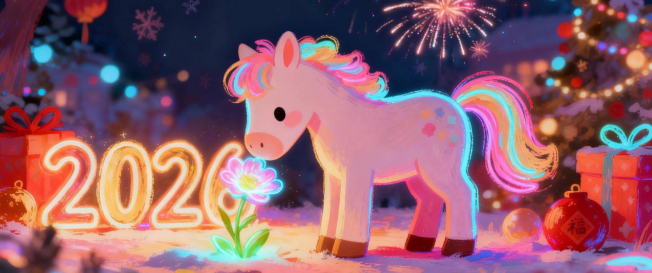 2026年新年 小马 花儿 夜晚 烟花 3440x1440带鱼屏壁纸