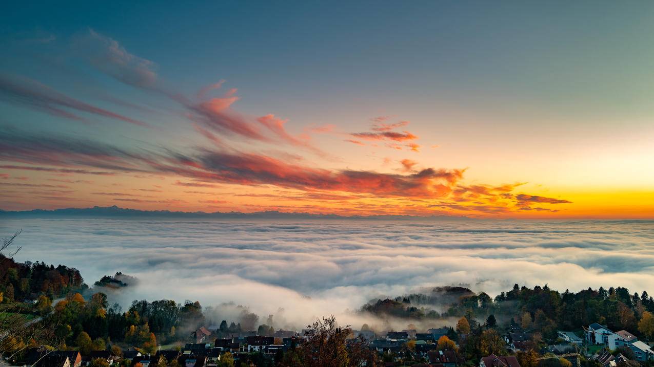 自然风景 树木 天空 云海 村庄 远景 4k壁纸