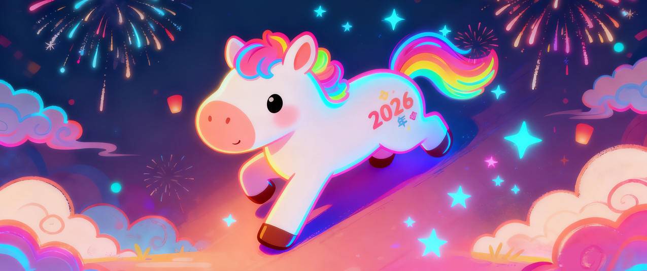 2026快乐小马 彩虹尾巴 新年烟花3440x1440带鱼屏壁纸