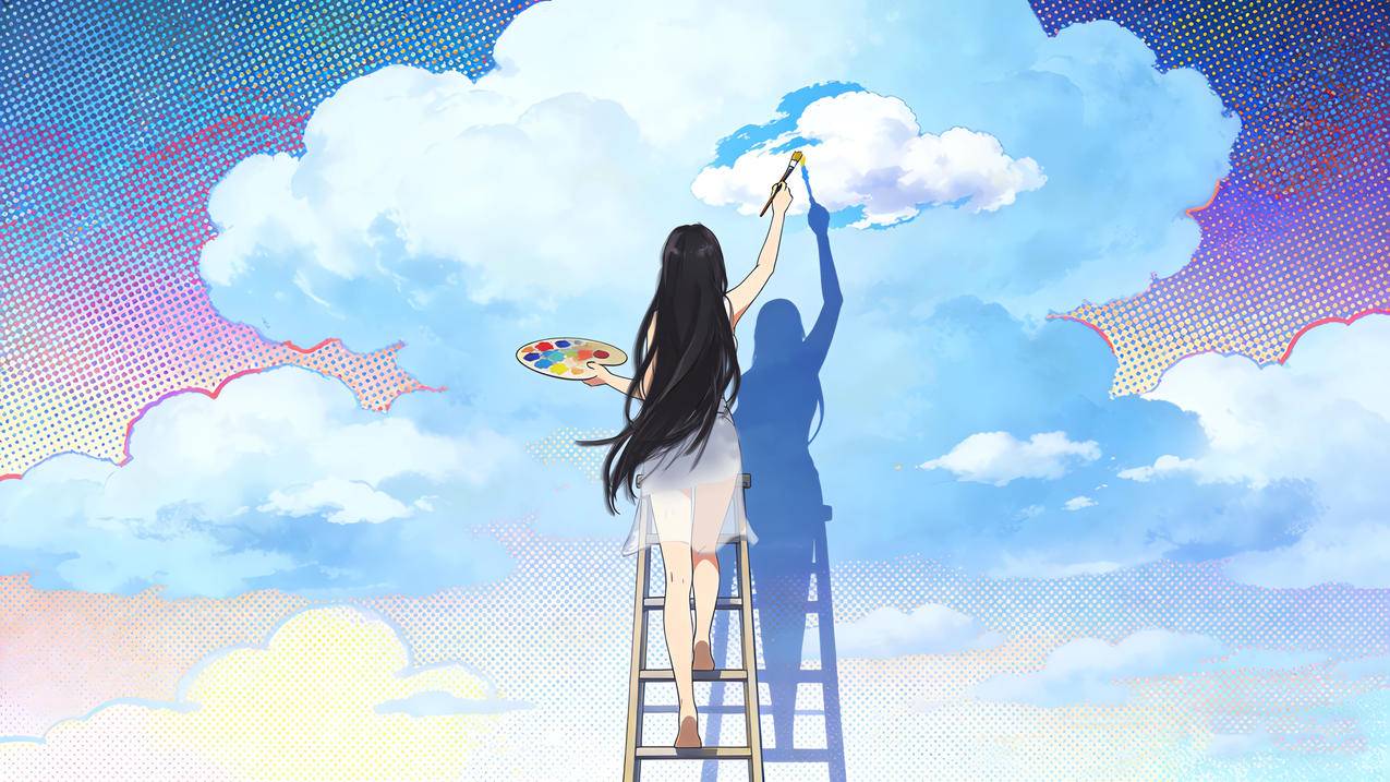 一个美女画家 背影 梯子 画云朵 4K壁纸