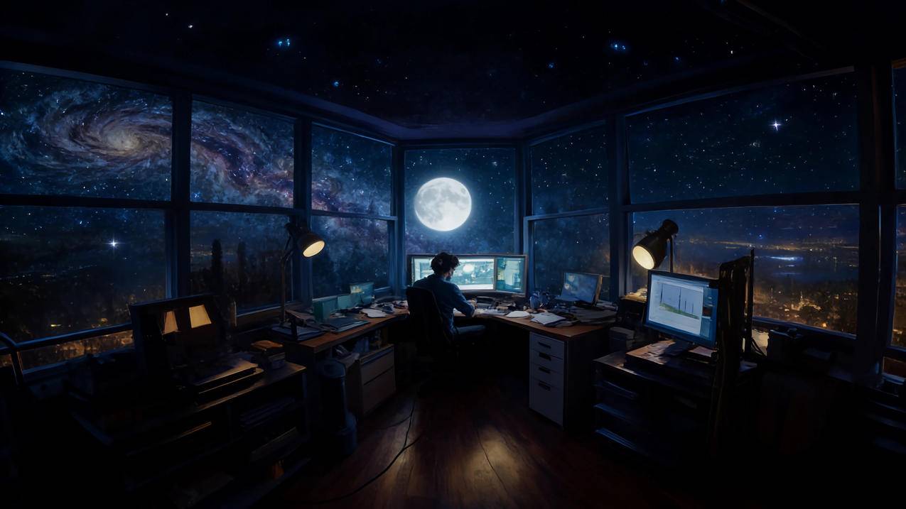 夜晚 星空 一个人 工作室 电脑 台灯 暗色系 4K电脑壁纸3840x2160