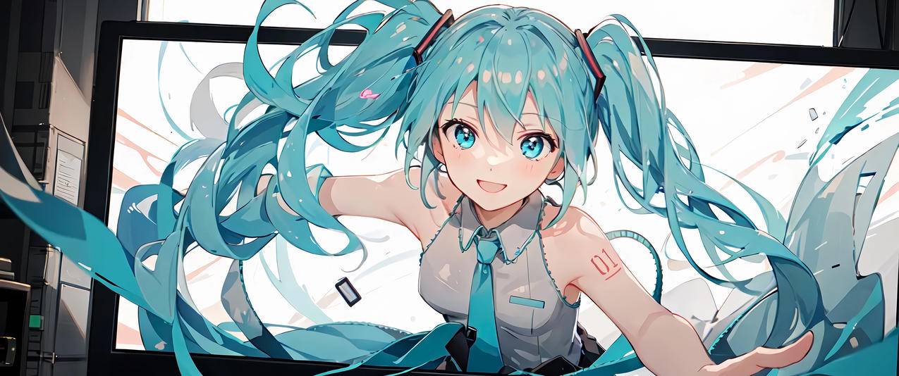 从电脑屏幕里出来的初音未来 3440x1440带鱼屏壁纸