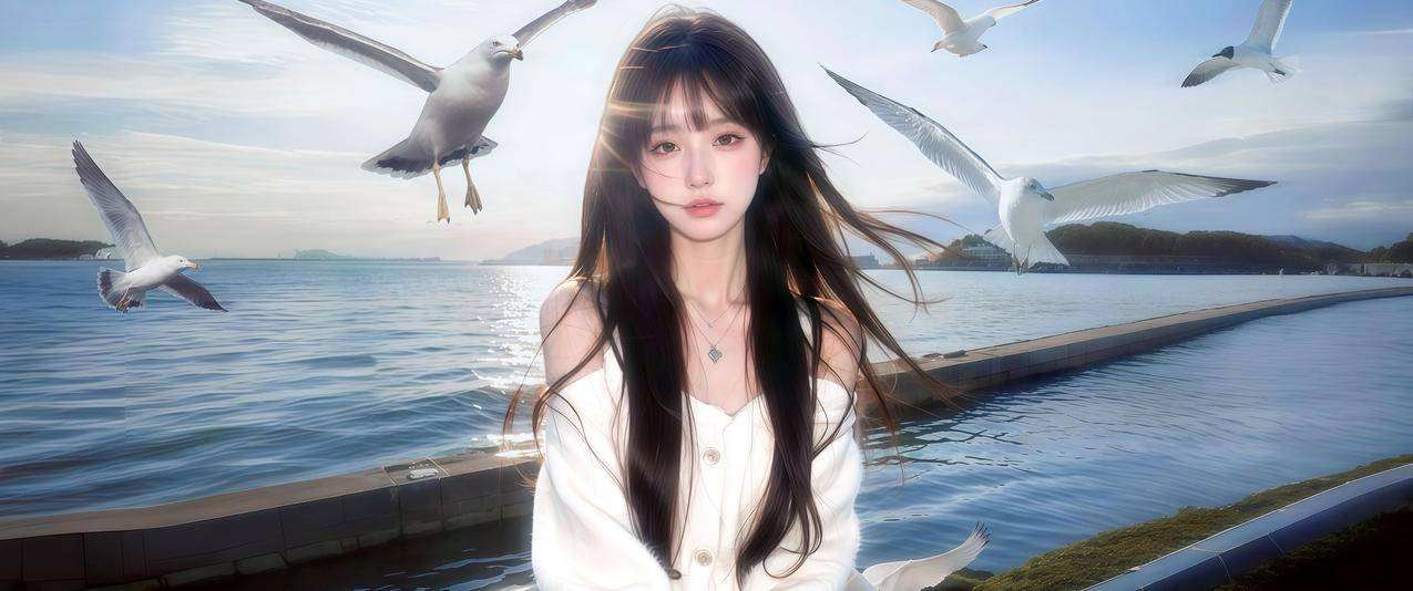 天空 海鸥 湖面 白衣美女长发 3440x1440带鱼屏壁纸