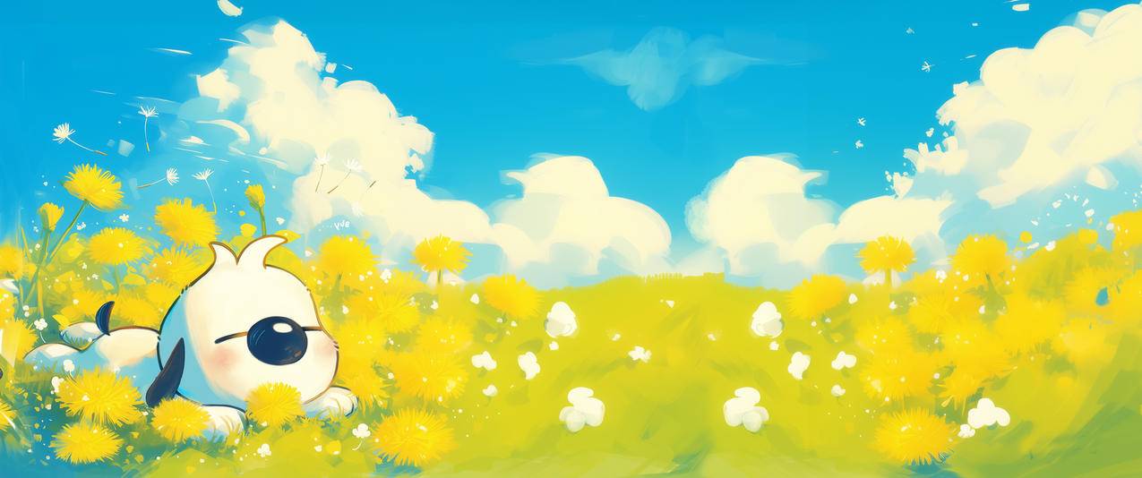 辛巴狗 蓝天 草地 鲜花 3440x1440带鱼屏壁纸