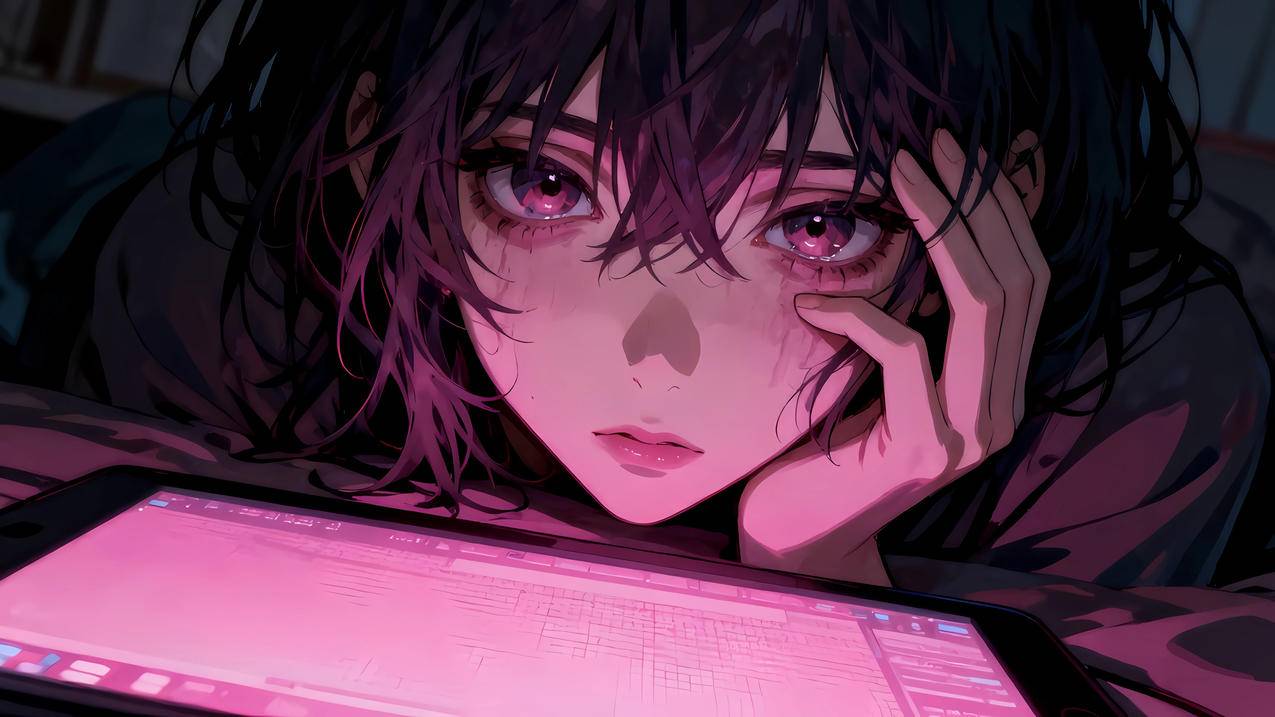 粉瞳动漫少女 紫粉色背景 4K壁纸3840x2160