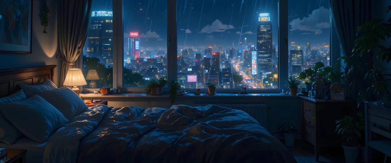 房间温馨卧室 台灯 城市夜景 雨 窗景 3440x1440带鱼屏壁纸