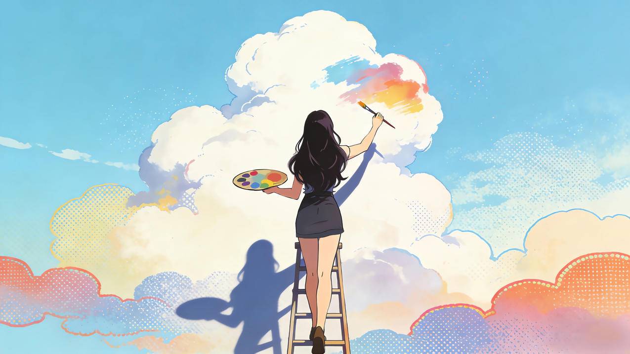 女孩背影 画画 画板颜料 天空 云 4k动漫壁纸