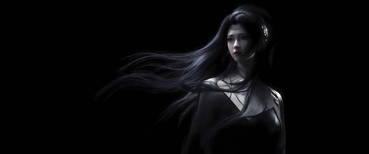 暗黑女神 长发 黑色背景 3440x1440带鱼屏壁纸