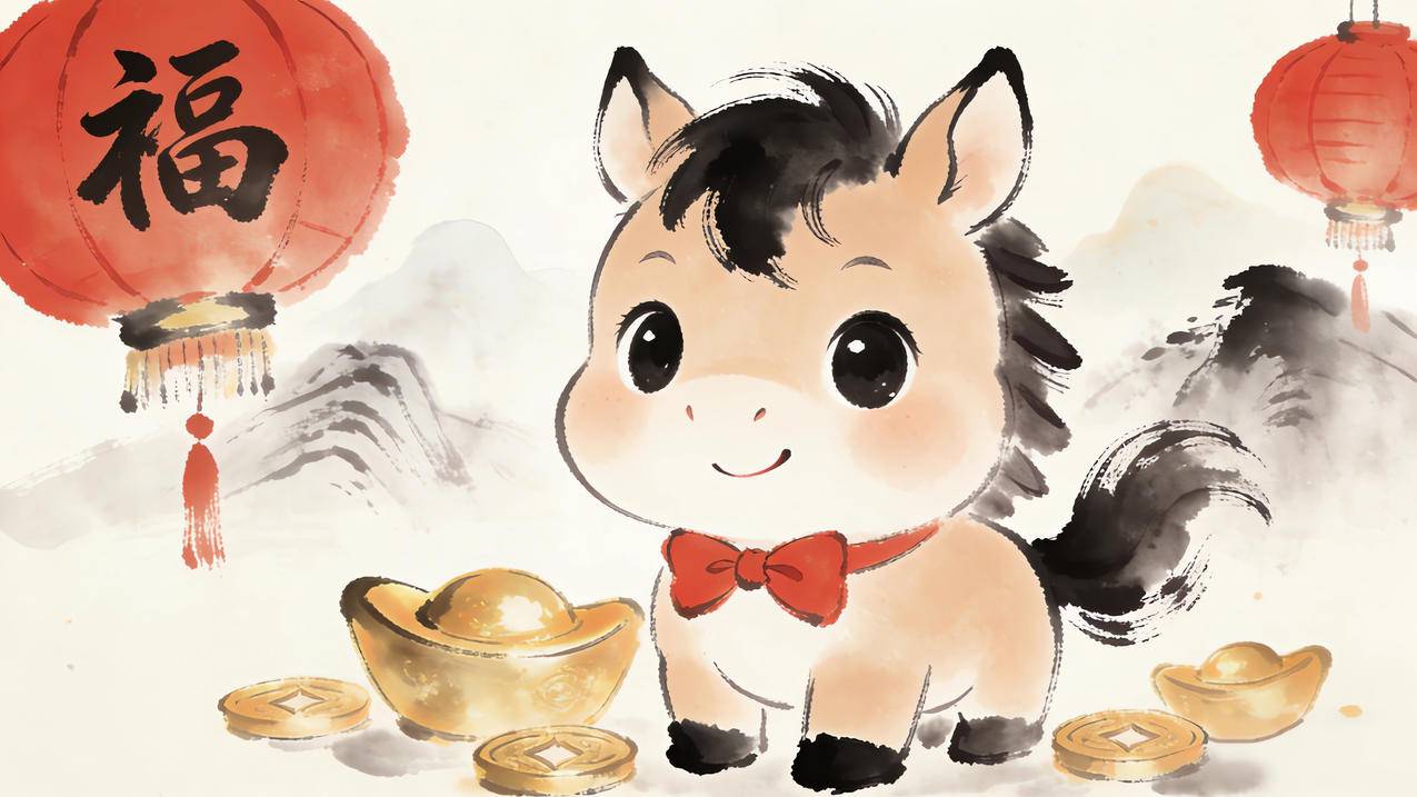 2026可爱小马图片 水墨风 灯笼 福字 元宝 4K壁纸