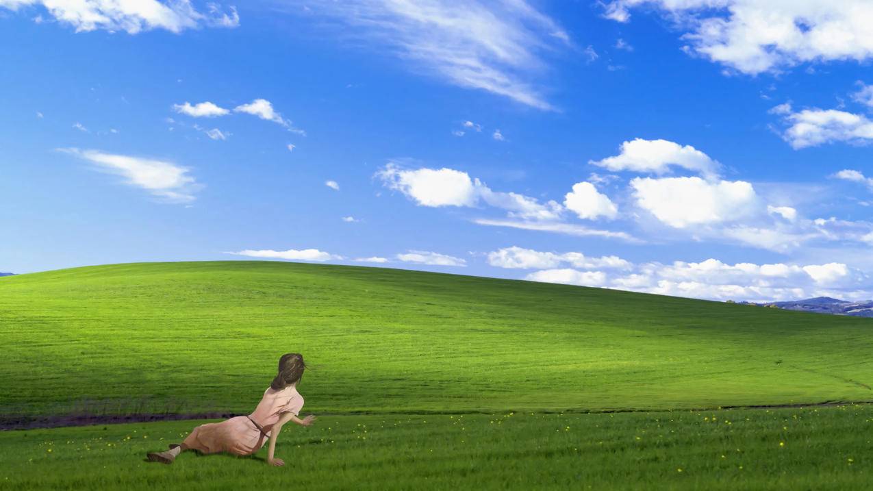 xp蓝天白云绿草地 一个女孩望向远方 创意4K风景壁纸