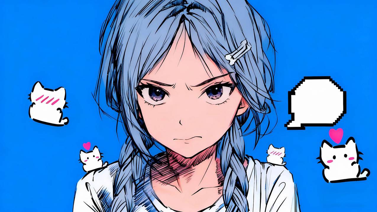 可爱少女 双马尾 对话框 蓝色背景 4K壁纸 3840x2160