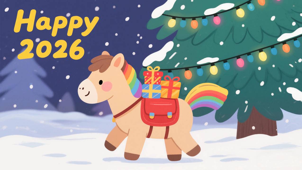 2026新年快乐 可爱小马 马上有礼物 雪 树 4K壁纸