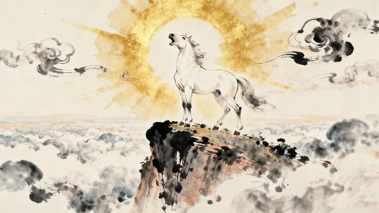 2026 一只马在高山上 金光 水墨画4k壁纸图片