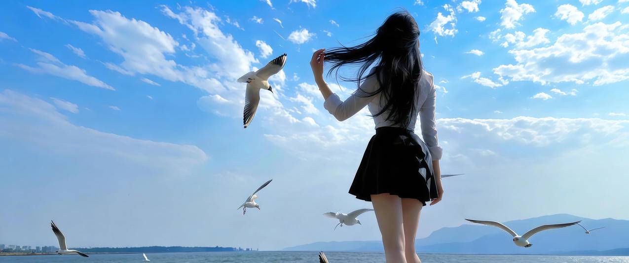 好看海边长发美女背影3440x1440带鱼屏壁纸