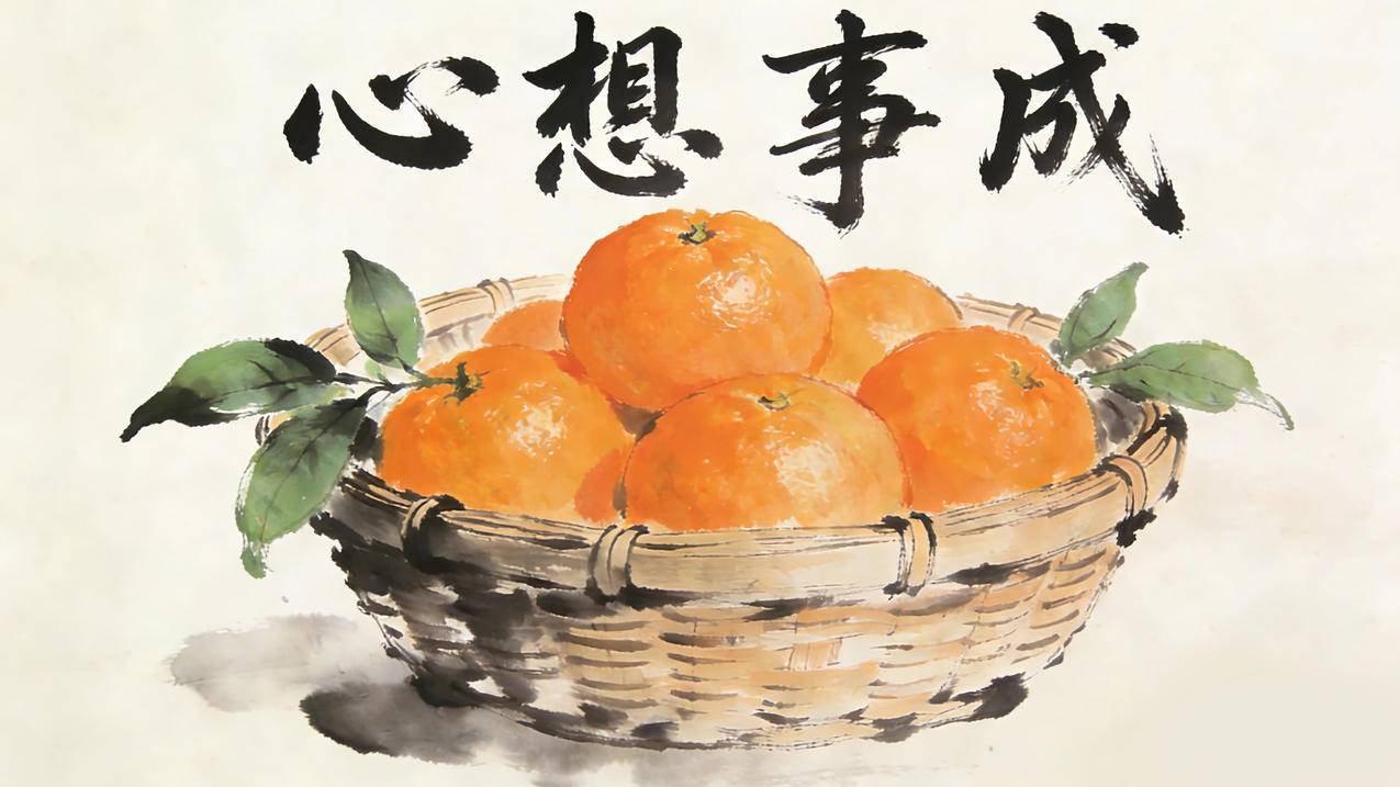 心想事成 一筐橙子 水墨风 4K壁纸
