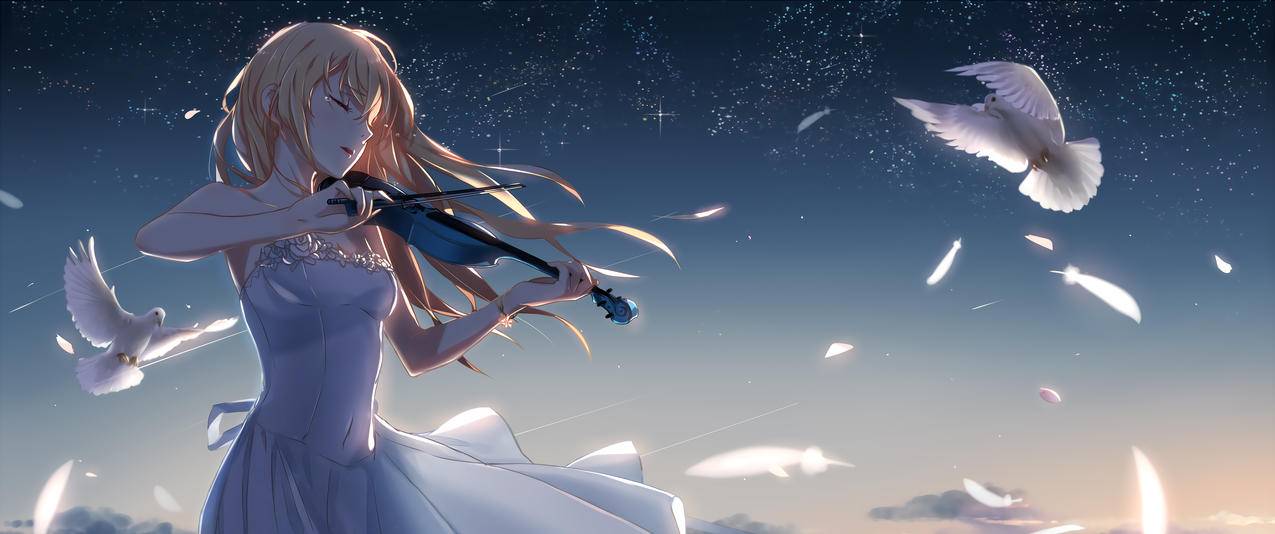 唯美天空鸽子拉小提琴的少女带鱼屏壁纸