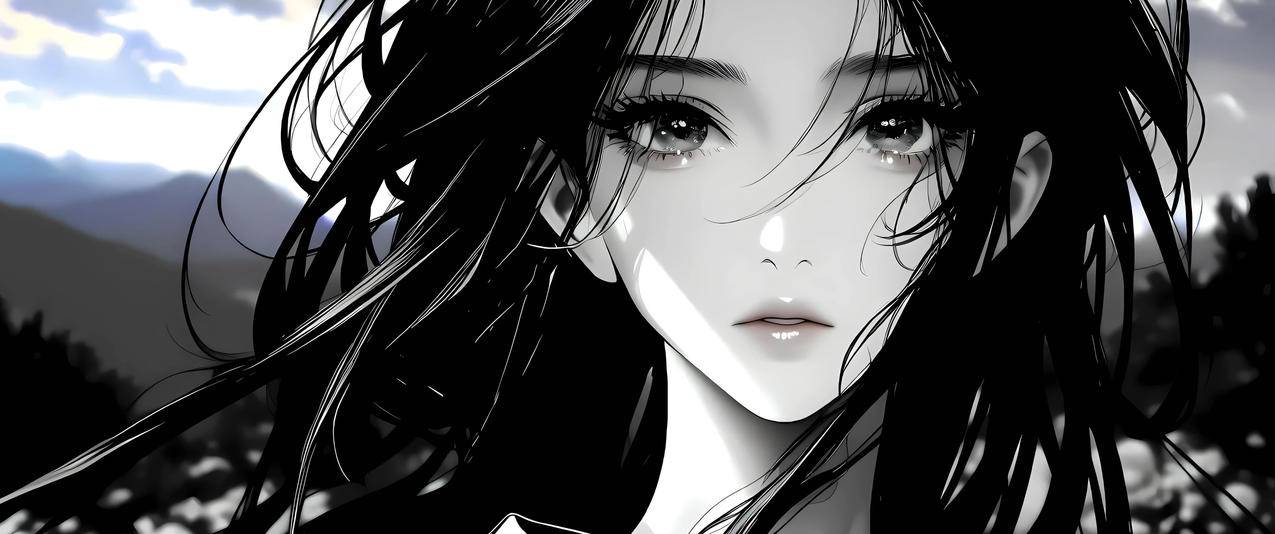 黑白风格动漫女孩 脸 长发 3440x1440带鱼屏壁纸