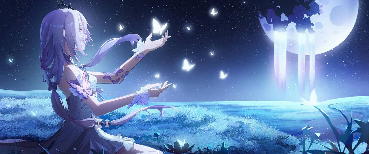 遐蝶 星空月夜 蝴蝶3440x1440带鱼屏壁纸