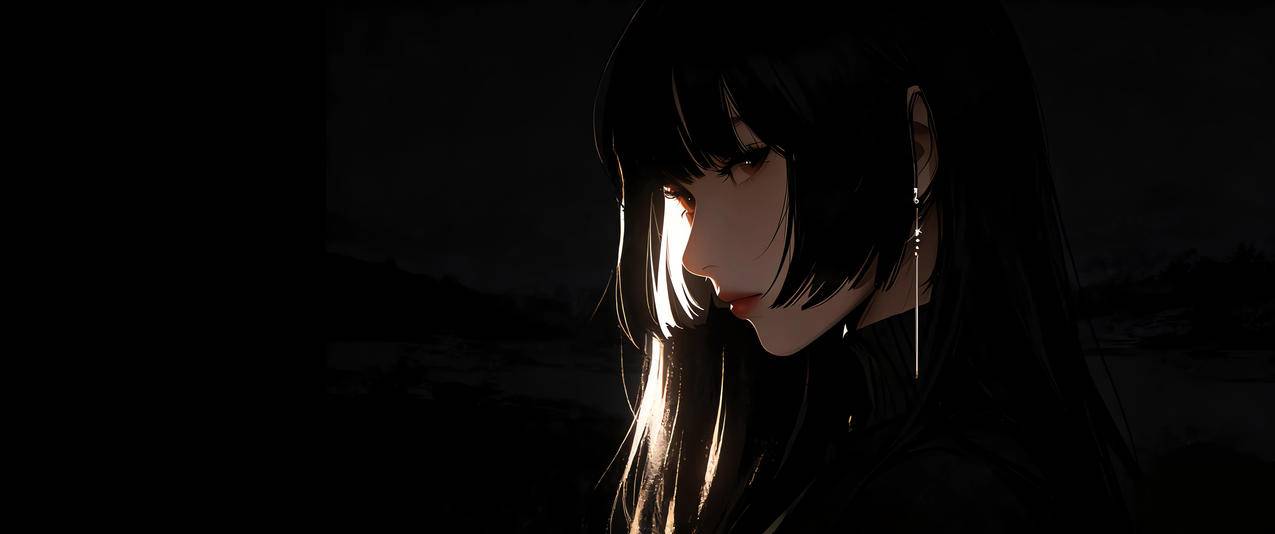 长发高冷美女侧脸 暗黑背景 3440x1440带鱼屏动漫壁纸