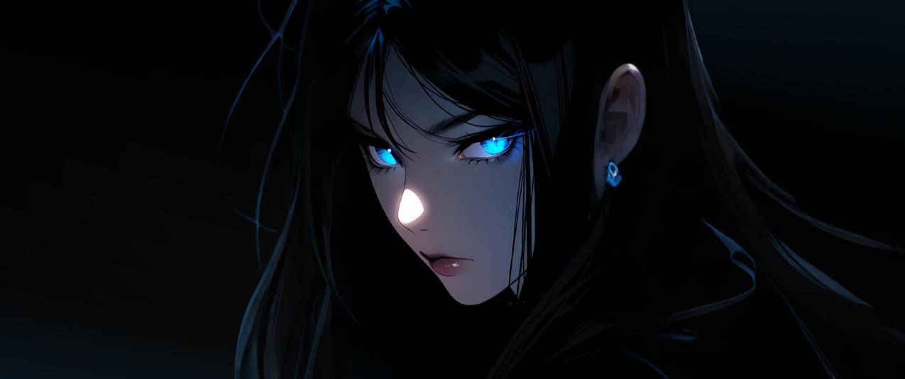 蓝瞳少女长发 暗黑背景 3440x1440带鱼屏壁纸