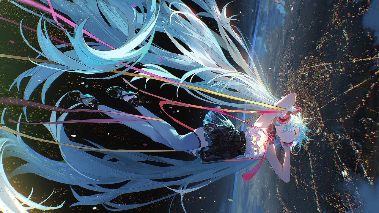 初音 坠落城市 夜晚 星球 4K高清 动漫壁纸