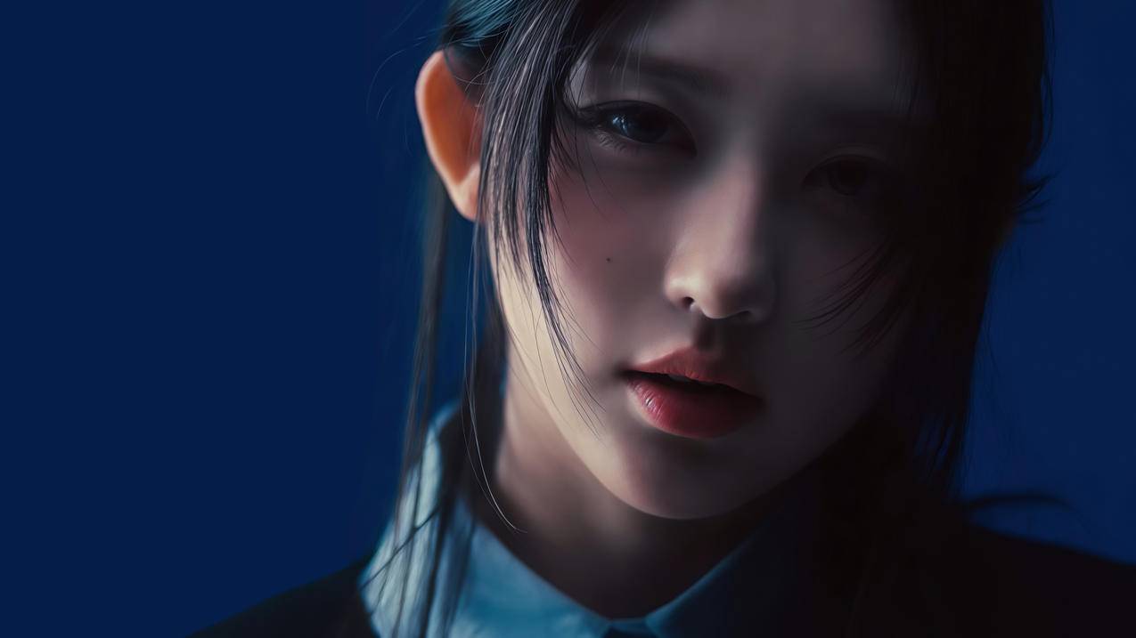 侧光人像 侧脸美女 暗光 深蓝色背景 4k壁纸 3840x2160