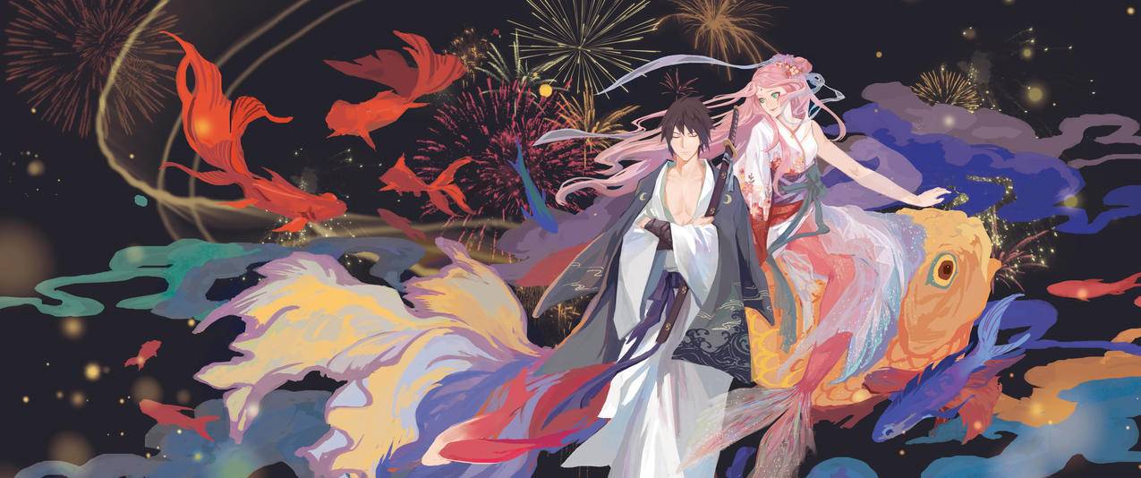 金鱼花火动漫带鱼屏壁纸