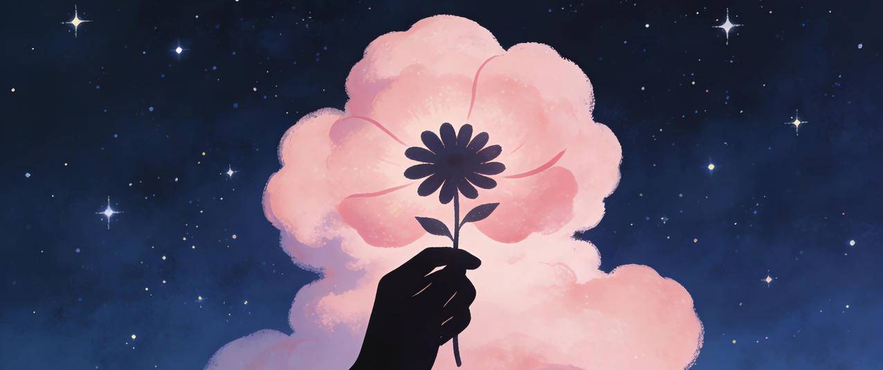 星空 云朵 手拿着一朵小花 3440x1440带鱼屏唯美壁纸