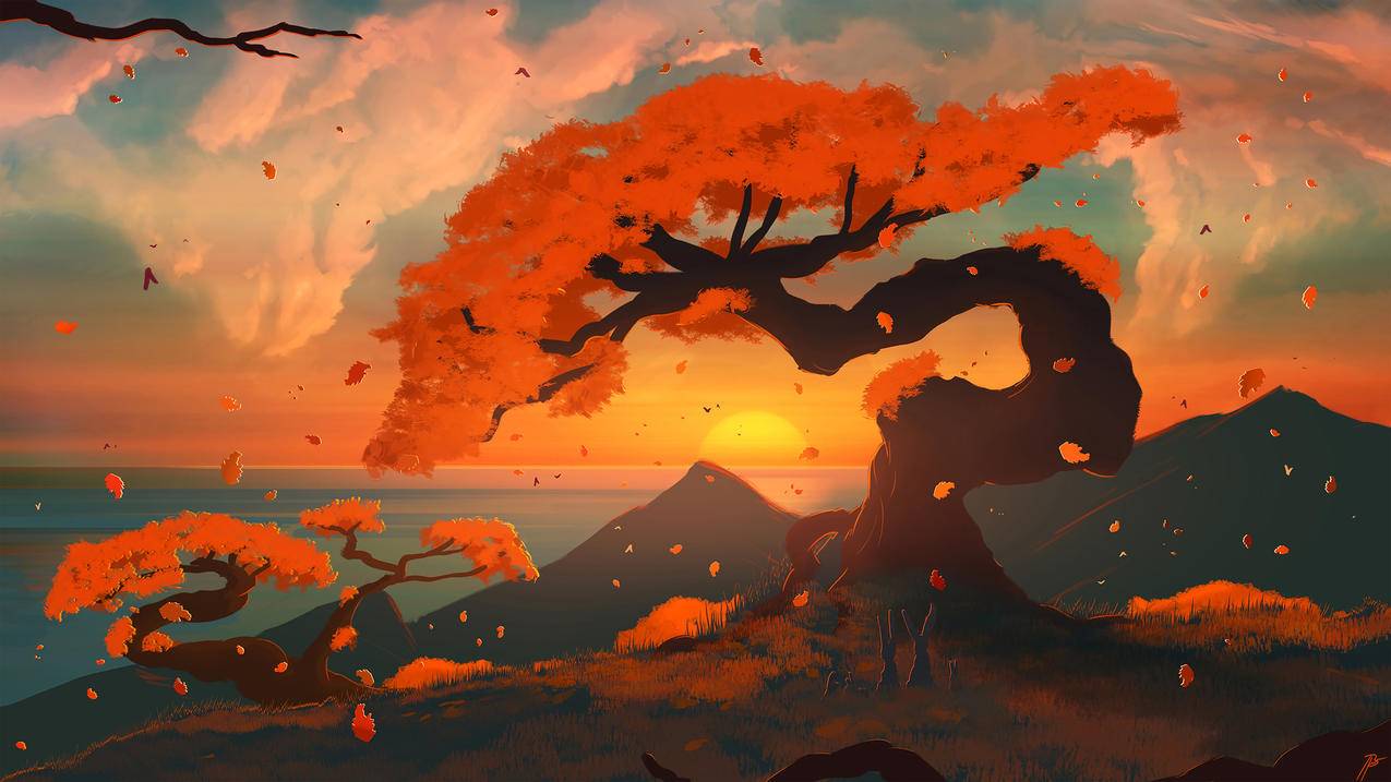 秋天 树叶 夕阳 大海 唯美风景 4k超清壁纸
