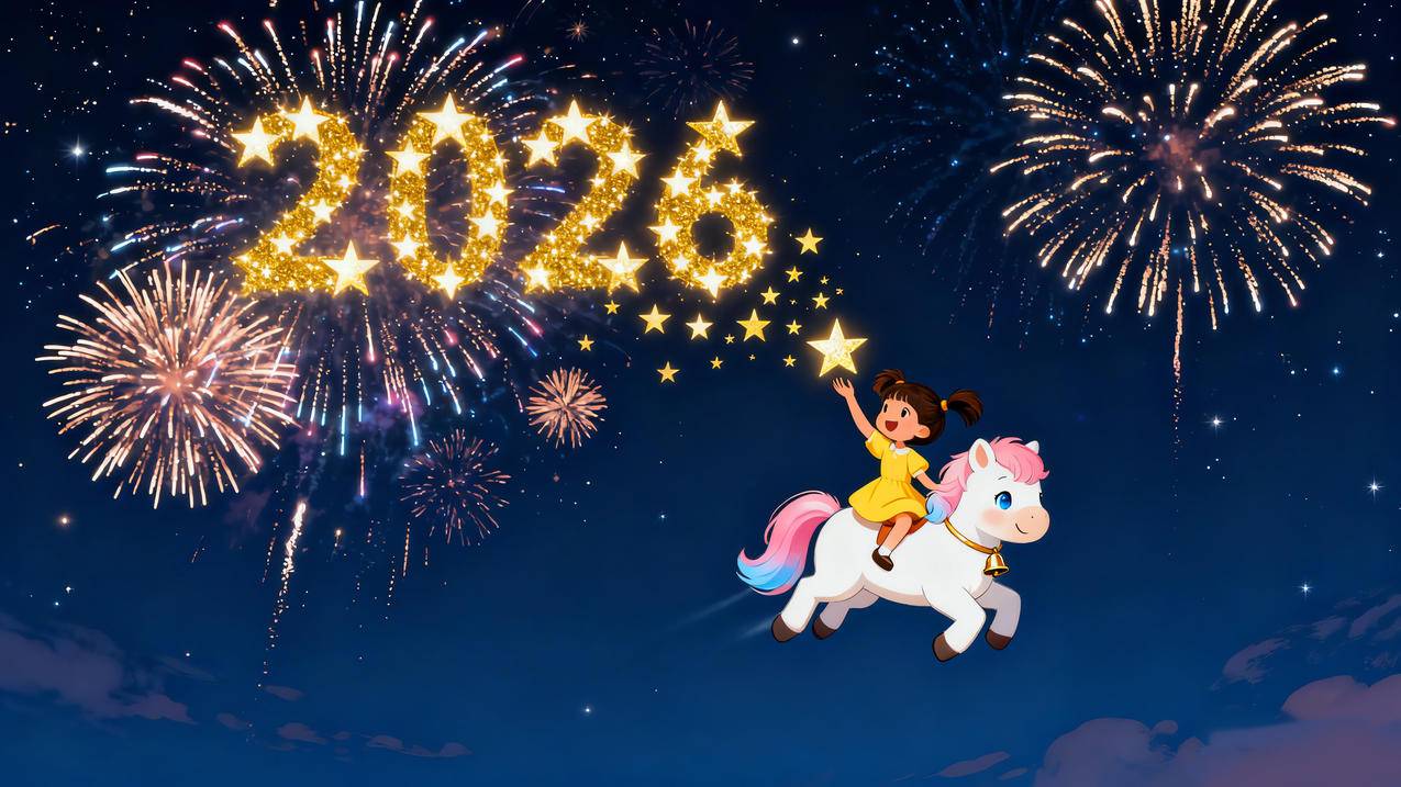 2026新年 烟花 天空 飞马 小女孩4k壁纸