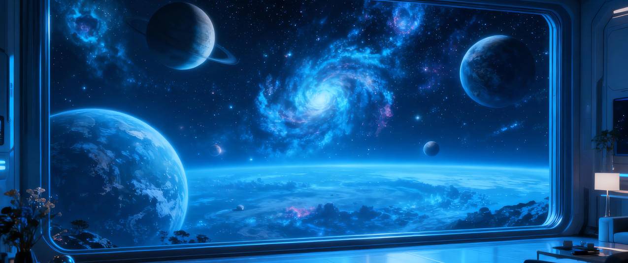 科幻 太空舱 客厅 星空 星球 赛博朋克3440x1440带鱼屏壁纸