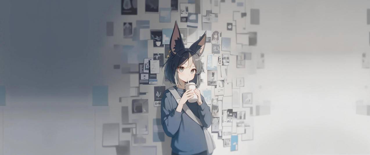 小女孩喝奶茶 兽耳 照片墙 3440x1440带鱼屏壁纸