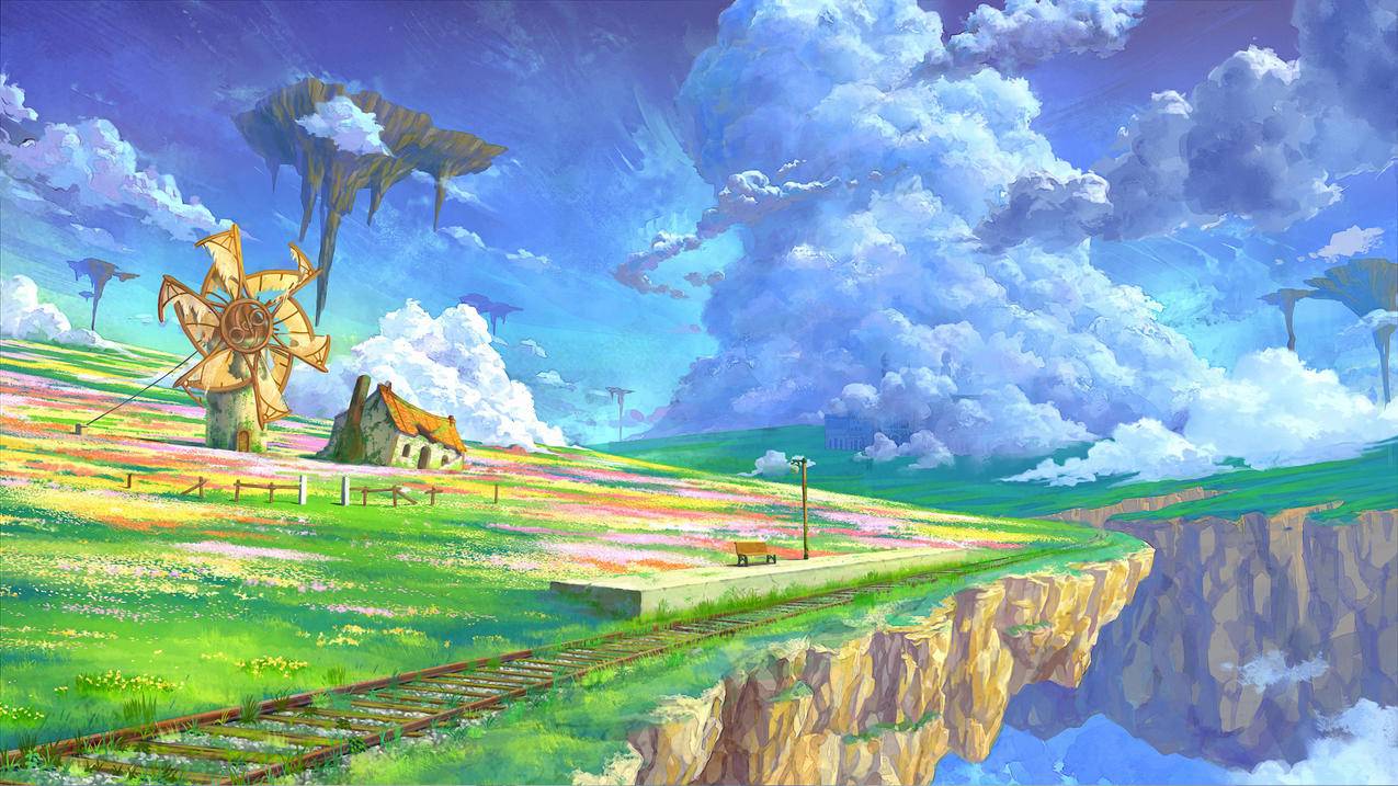 天空之岛 绿草地鲜花 风车小屋 火车轨道 4K风景壁纸 3840x2160