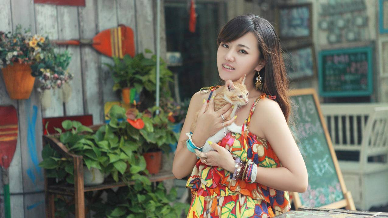 清新美女和猫咪5k壁纸