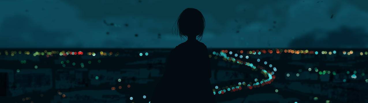 动漫女孩 背影 眺望远方 夜晚天空 城市灯光 5120x1440带鱼屏高清壁纸